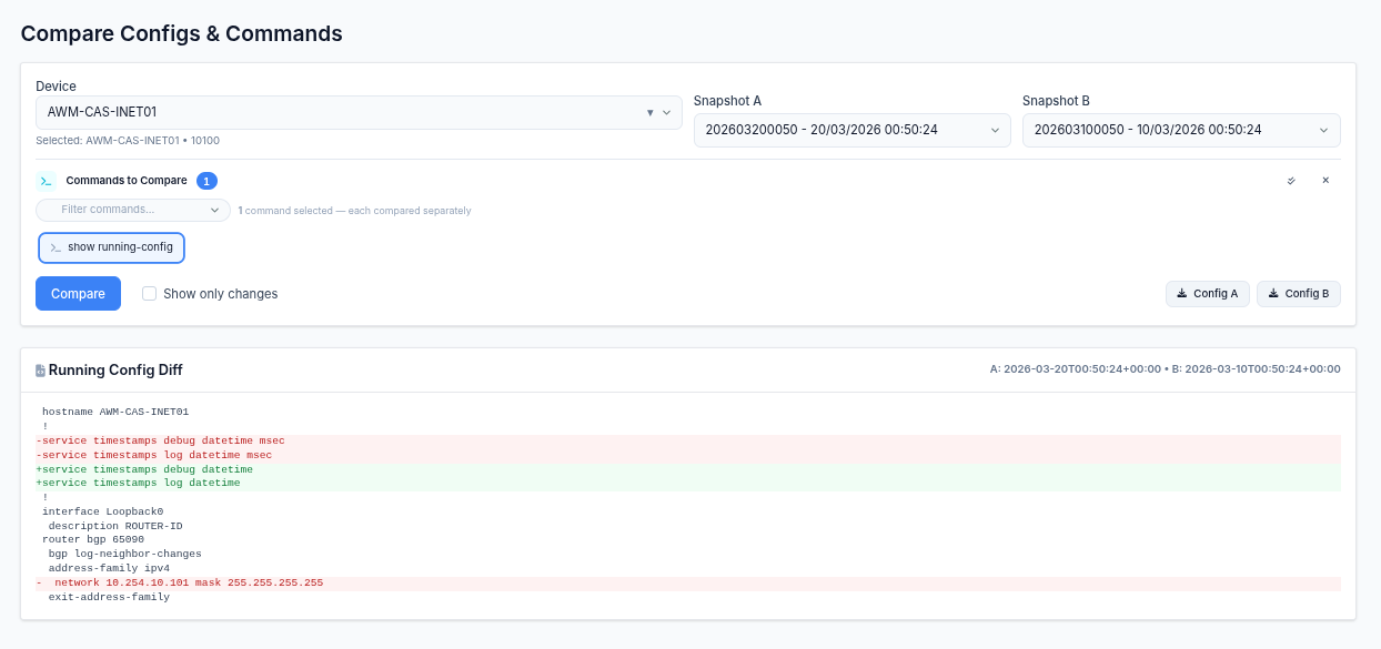Configuration comparison - side-by-side diff with change highlighting